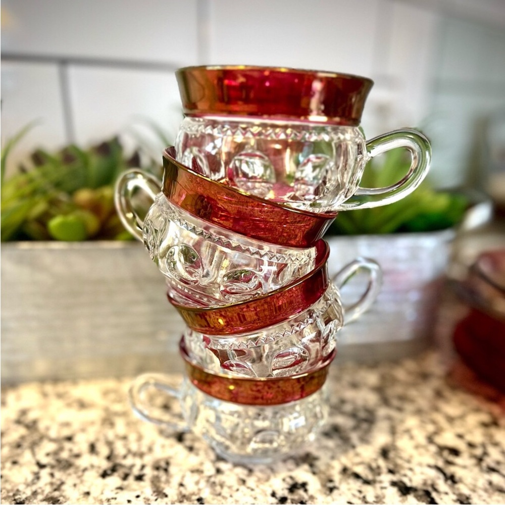 Stunning 1940s Tiffin Franciscan Kings Crown Thumbprint Ruby Red Flashed 8pc Set - Picture 5 of 16
